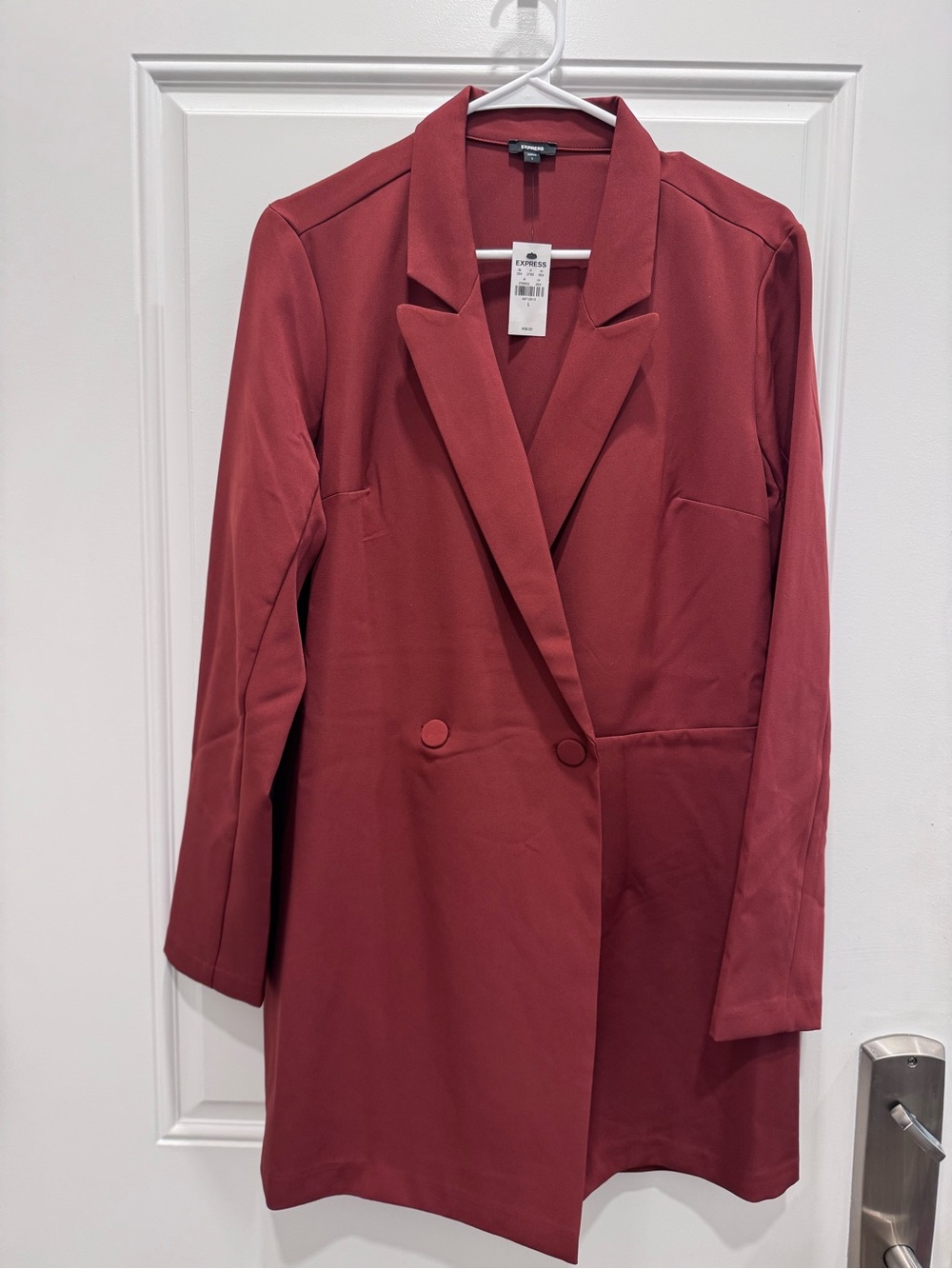 Express Long Double-Breasted Blazer Jumpsuit in Deep Brick